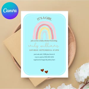 Baby Shower Invitation Girl, Boho Rainbow Theme, Editable Template, Instant Digital Download