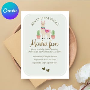 Llama Baby Shower Invitation, Cute Llama Theme, Editable Canva Template, Digital File Download