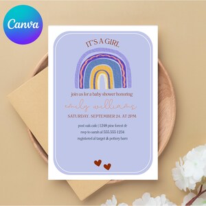 Editable Baby Shower Invitation, Boho Rainbow Design, Girl Baby Shower Invite, Digital Download