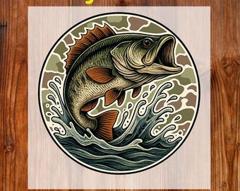 Camo Bass Fish Ready to Press DTF, Bass Fish Hunting DTF Transfer, Camouflage Fish DTF Print, Patriotic Camo, Retro Camouflage Shirt Iron On