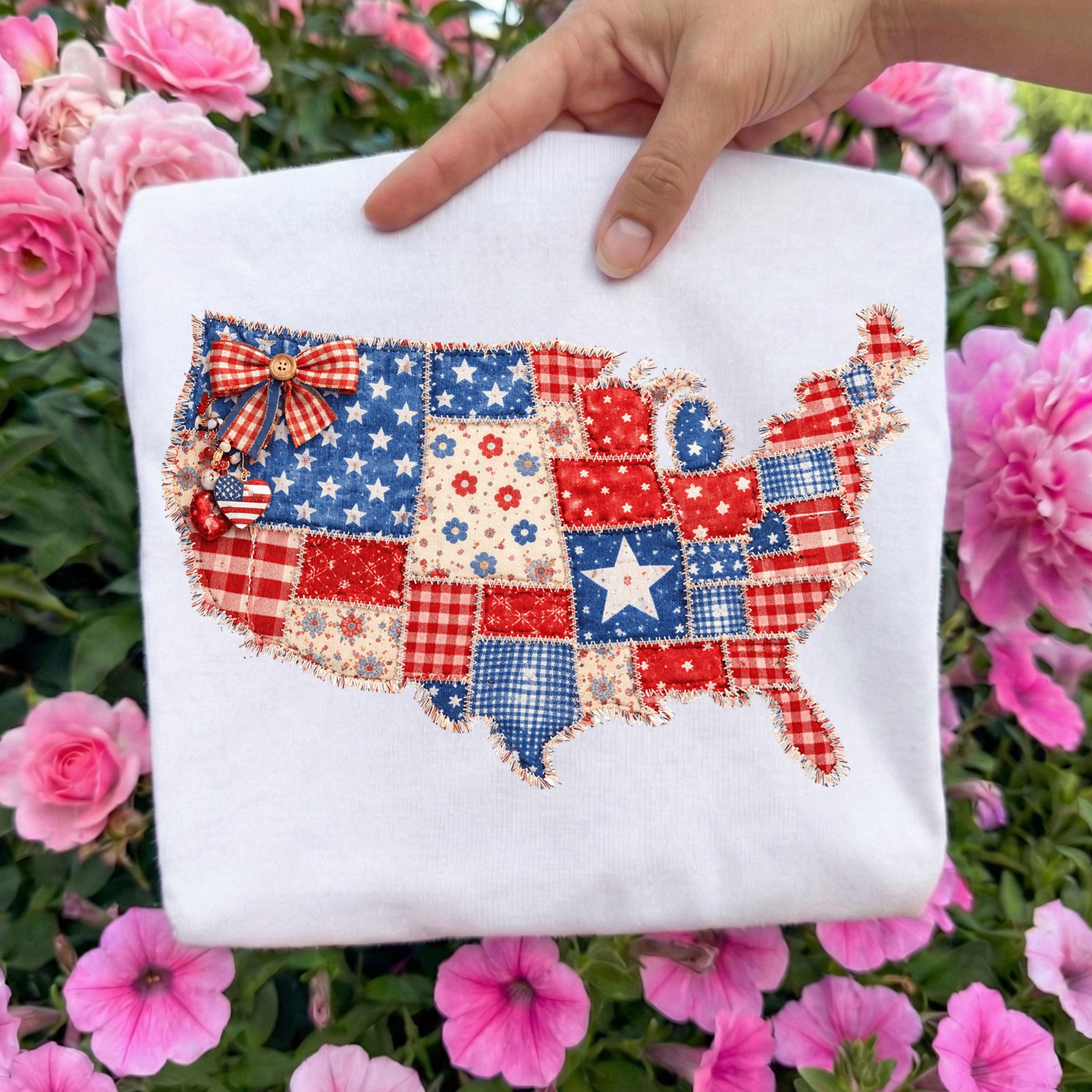 Faux Patchwork USA Map Ready to Press DTF, Faux Quilted American Flag ...