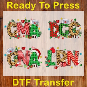 May include: Ready To Press DTF Transfer. Four designs with medical abbreviations: CMA, DCG, CNA, and LPN. Each design features a festive Christmas theme with red, green, and leopard print letters, plus medical symbols.