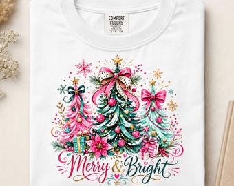 Sapin de Noël joyeux et lumineux prêt à imprimer DTF, Transfert DTF Noël Coquette, Impression DTF Noël effet pinceau, Sapin de Noël preppy
