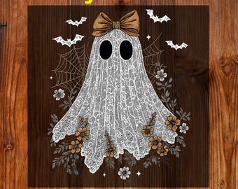 Cute Lace Ghost Ready To Press DTF, Coquette Halloween DTF Transfer, Halloween Boo Lace Bow Print, Boo Ghost Shirt Dtf, Fall Halloween Dtf