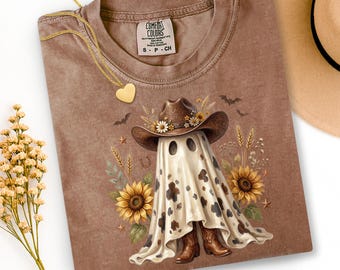 Western Fall Ghost Ready To Press DTF, Sunflower Cowgirl Halloween DTF Transfer, Floral Cowboy Ghost Dtf Print, Spooky Season Iron On Print