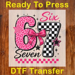 May include: A DTF transfer design featuring the numbers "6" and "7" with the word "Seven" below. The number "6" is pink with a leopard print pattern. The number "7" is a black and white checkered pattern. The design includes a pink bow and stars.