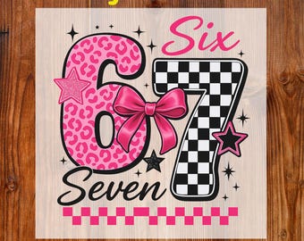 67 Pink Leopard Six Seven Ready To Press DTF, Six Seven Girly Coquette DTF Transfer, Retro Checkerboard Birthday DTF Print, Funny 6 7 Meme