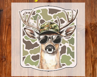 Deer Camo Hunting Ready to Press DTF, Camo Deer With Sunglasses DTF Transfer, Vintage Camo Frame DTF Print, Old School Camouflage Iron On