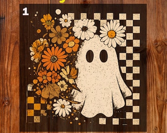Retro Floral Ghost Ready To Press DTF, Checkered Halloween Fall DTF Transfer, Neon Cute Ghost Print, Spooky Season Dtf, Girly Halloween DTF