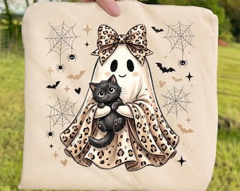 Preppy Ghost Coquette Ready To Press DTF, Leopard Ghost Bow DTF Transfer, Cute Ghost Halloween And Cat DTF Print, Spooky Boo Ghost Iron On