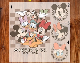 Retro Mickey And Co Est. 1928 Ready To Press DTF, Disney Mouse and Friends Checkered DTF Transfer, Disney Back And Pocket Design DTF Print