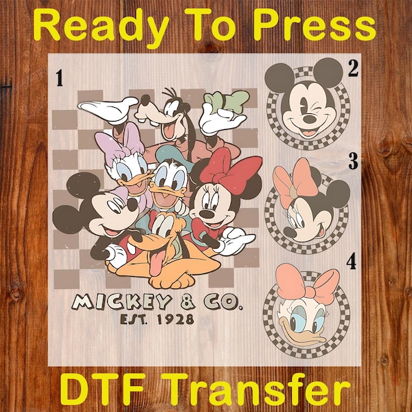 Retro Mickey And Co Est. 1928 Ready To Press DTF, Disney Mouse and Friends Checkered DTF Transfer, Disney Back And Pocket Design DTF Print