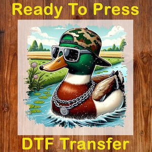 Camo Mallard Duck Ready to Press DTF, Camo Duck Hunting DTF Transfer, Swimming Ducks With Sunglasses DTF Print, Funny Camouflage Duck Print
