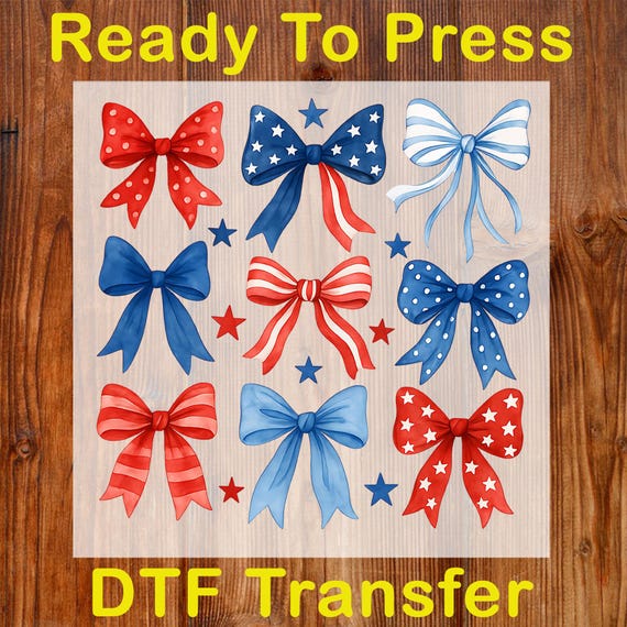 America Coquette USA Ready To Press DTF, 4th Of July Dtf Transfer, Red White Blue Ribbon Dtf Print, American Girl DTF, Girly Patriotic Bow