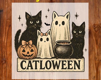 Halloween Cat Ghost Ready To Press DTF, Retro Catloween DTF Transfer, Pumpkin Ghost Coquette DTF Print, Spooky Season Dtf, Cat Mama Iron On