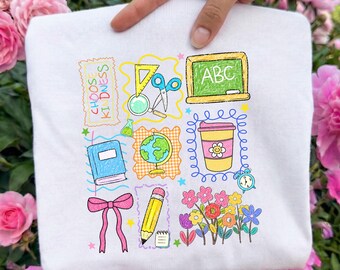Doodle de regreso a clases listo para planchar (DTF), Transferencia DTF "Elige la amabilidad, maestra" (DTF), Impresión DTF "Maestra coqueta" (DTF), Primer día de clases (DTF) para planchar
