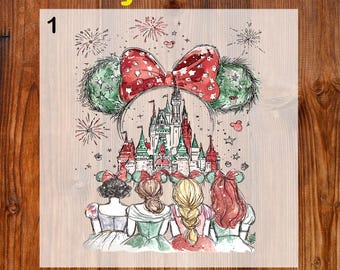 DTF prêt à presser avec escouade princesse de Noël, transfert DTF château magique, impression DTF Muse de Noël, Dtf de Noël de famille, Noël scintillant