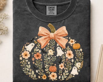 Coquette Floral Pumpkin Ready To Press DTF, Cute Fall Ghost DTF Transfer, Preppy Thanksgiving DTF Print, Girly Autumn Print, Pumpkin Season