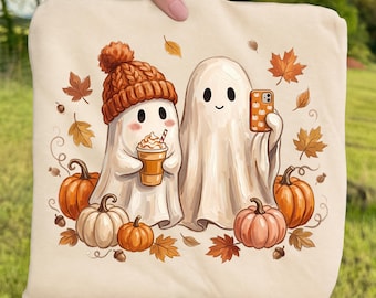 Preppy Fall Ghost Ready For Press, Cozy Fall Season DTF Transfer, Retro Pumpkin Spice Latte Dtf Print, Cute Ghost Halloween Iron On Transfer