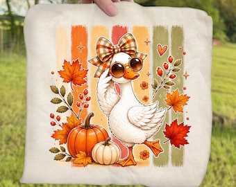 Stripes Fall Goose Ready To Press DTF, Coquette Fall Goose DTF Transfer, Autumn Coffee Lover DTF Print, Floral Fall Pumpkin Iron On Transfer
