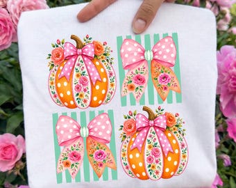 Fall Bow Pumpkin Striped Ready To Press DTF, Preppy Floral Pumpkin DTF Transfer, Coquette Autumn Print, Girly Autumn Dtf, Trendy Fall Print