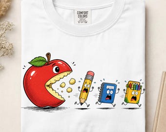Cute School Supplies DTF Ready to Press, Funny Back To School Dtf Transfer, Apple Eating Pencil DTF Print, First Day of School Iron On Print
