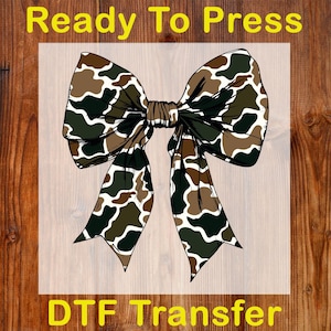 Camo Coquette Bow Ready to Press DTF, Duck Hunting Bow DTF Transfer, Camo Mama Bow Iron On Transfer, Old School Camo DTF, Camouflage Prints