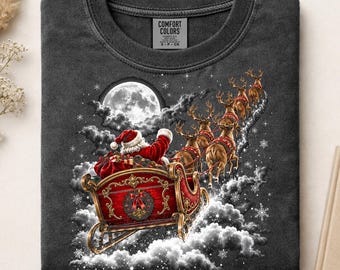 Santa Sleigh Ride Ready To Press DTF, Vintage Christmas Night Sky DTF Transfer, Retro Santa Claus DTF Print, Holiday Christmas Iron On Print
