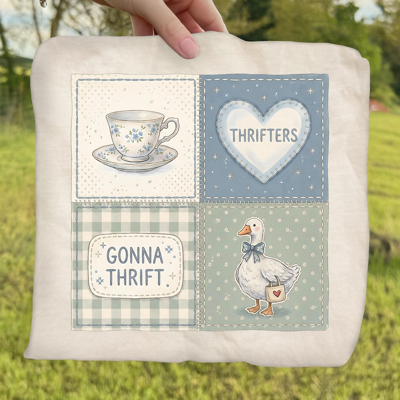 May include: A white square pillow with a patchwork design featuring a teacup, heart, and goose illustration. The text "THRIFTERS" and "GONNA THRIFT" are also displayed. The pillow is held against a green grassy background.