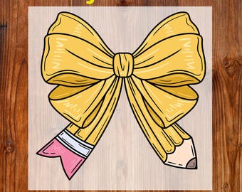 May include: A yellow bow design with a pencil on each side, with a pink eraser and a pencil tip. The text "Ready To Press" is at the top, and "DTF Transfer" is at the bottom.