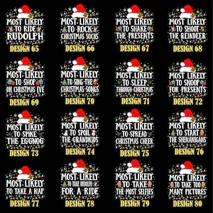 May include: A collection of Christmas-themed designs on a black background. Each design features a Santa hat, string lights, and text like "Most Likely to Ride Rudolph" or "Most Likely to Take Selfies." The designs are numbered from 65 to 80.