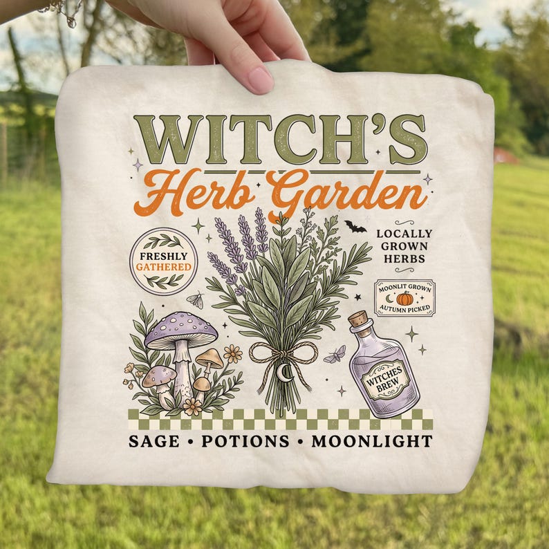 Retro Witch's Herb Garden Ready For Press, Trendy Fall Pumpkin DTF Transfer, Checkered Halloween Dtf Print, Autumn Herb Garden Iron On Print image 3