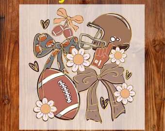 May include: A football-themed DTF transfer design with a football, helmet, and flowers. The design includes a football, a helmet, a foam finger, bows, and flowers. The text "Ready To Press" and "DTF Transfer" are displayed in yellow.