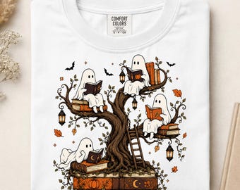 Fantôme effrayant lisant des livres, transfert DTF prêt à imprimer pour Halloween, transfert DTF amusant pour les amoureux des livres, impression DTF pour Halloween sur le thème des livres, transfert à repasser pour la saison des frissons