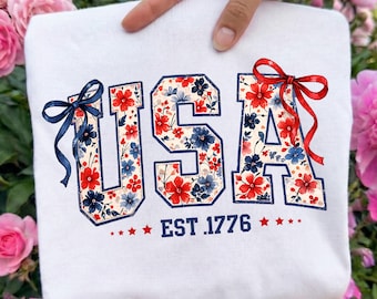 Coquette Floral USA Ready To Press Dtf, Retro America Dtf Transfer, 4th Of July Dtf Print, Girly   Patriotic Dtf, Red White Blue USA Iron On
