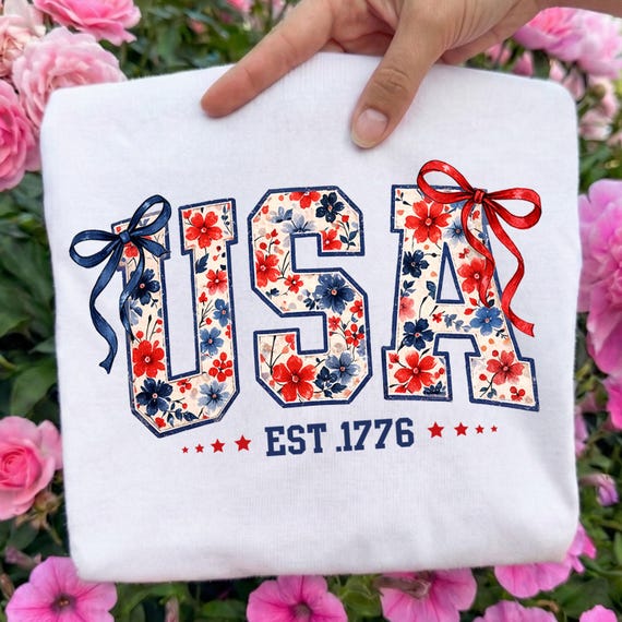 Coquette Floral USA Ready To Press Dtf, Retro America Dtf Transfer, 4th Of July Dtf Print, Girly   Patriotic Dtf, Red White Blue USA Iron On