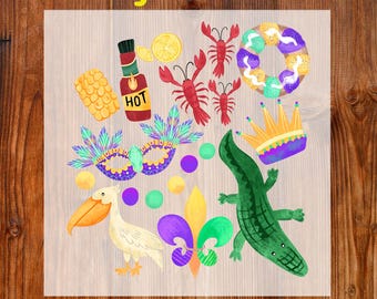 Mardi Gras Carnival Ready To Press DTF, Louisiana Festival DTF Transfer, Crawfish And Donut DTF Print, Mardi Gras Alligator Dtf, Mardi Beads