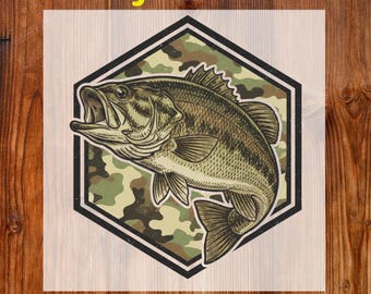 Camo Bass Fish Ready to Press DTF, Jumping Bass DTF Transfer, Hunting Fishing DTF Print, Old School Camo Dtf, Retro Camouflage Shirt Iron On