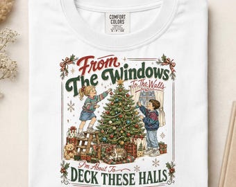 Transfert thermocollant « Noël drôle prêt à imprimer », « Des fenêtres aux murs, je vais décorer ces halls », sapin de Noël vintage