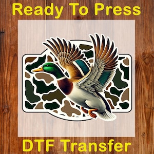 Camo Flying Mallard Duck Ready to Press DTF, Duck Hunting DTF Transfer, Retro Camouflage Duck DTF Print, Old School Camo Iron On Transfer
