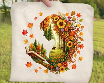 Cute Fall Reading Woman Ready To Press DTF, Floral Fall Autumn DTF Transfer, Book Lover Fall DTF Print, Girly Autumn Print, Cozy Fall Season