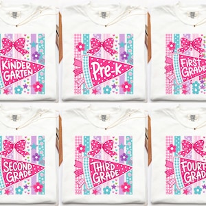 May include: A collection of six white t-shirts, each featuring a graphic of a pink megaphone with a polka-dot bow. The designs include text for Kindergarten, Pre-K, First Grade, Second Grade, Third Grade, and Fourth Grade, set against colorful stripes.