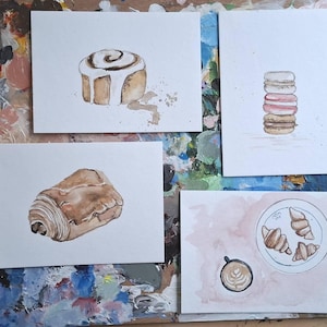 Postales de pastelería - acuarela original, juego de 4