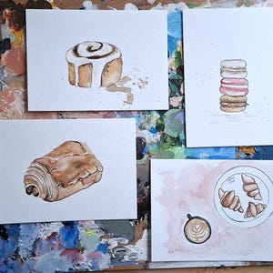 Set de 4 cartes postales pour pâtisserie - aquarelle originale, lot de 4