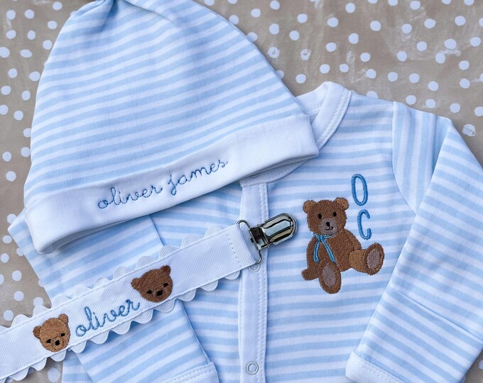 Personalized Baby Blue Teddy Bear Gift Set: Embroidered Onesie, Hat ...