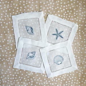 Embroidered Linen Cocktail Napkins: Coastal Seashell Designs - Set of 4