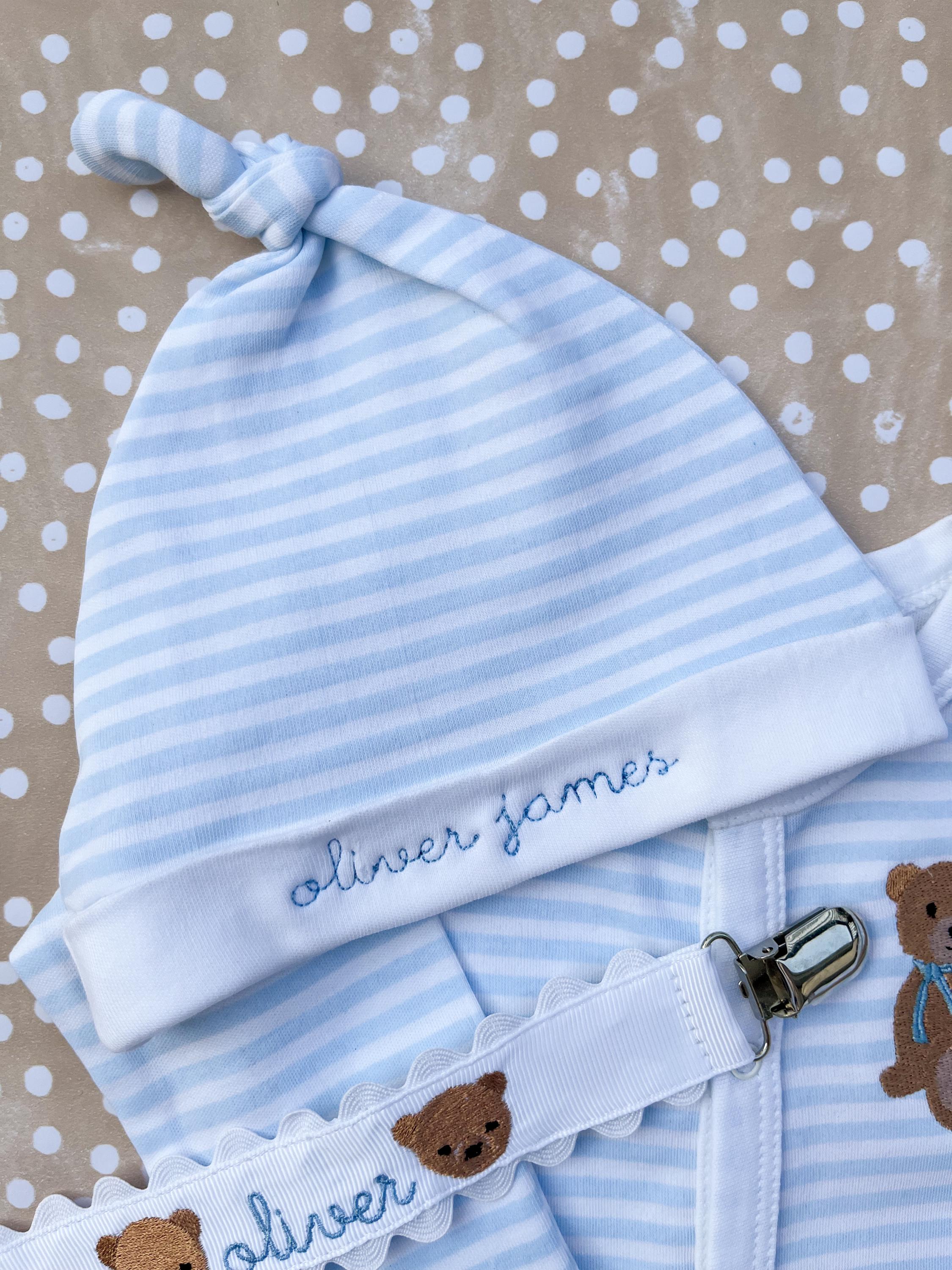 Personalized Baby Blue Teddy Bear Gift Set: Embroidered Onesie, Hat ...