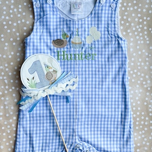 Embroidered Duck First Birthday Romper + Cake Topper | Gingham Shortall Outfit