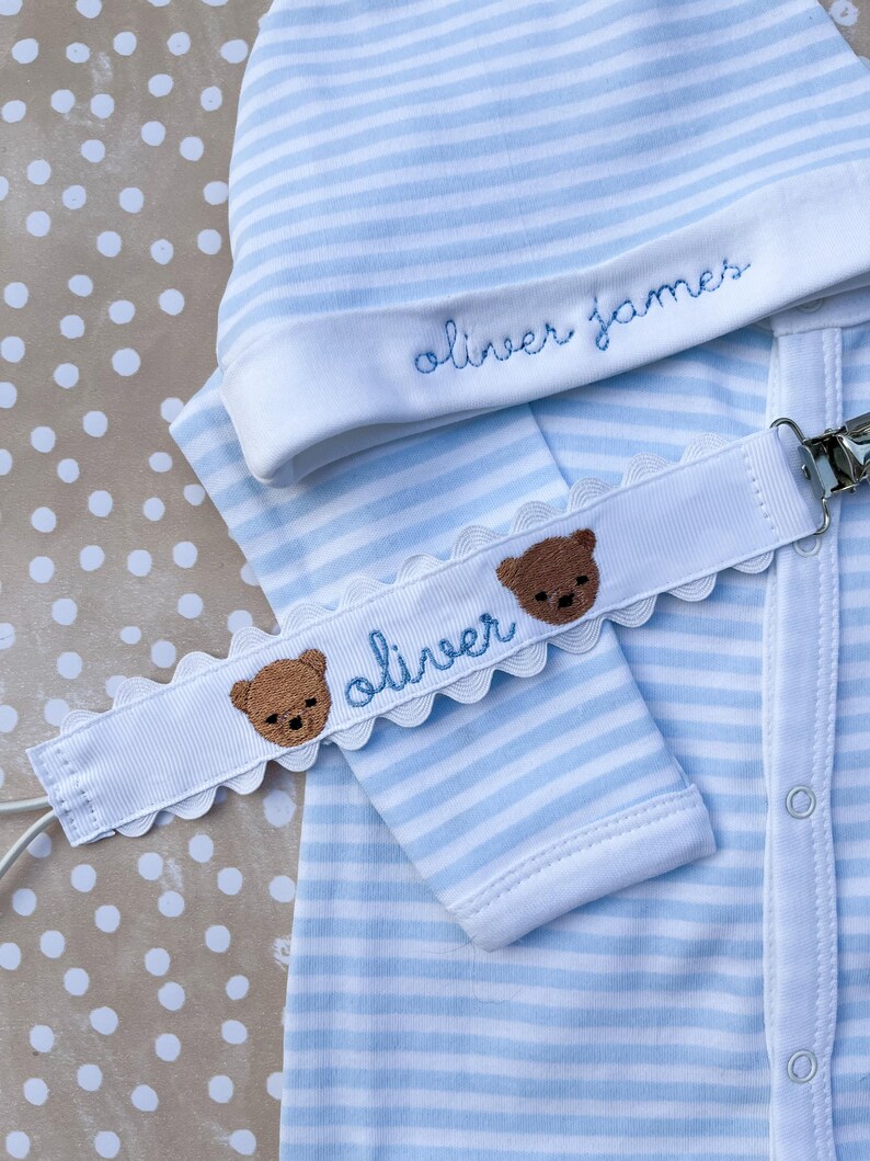 Personalized Baby Blue Teddy Bear Gift Set: Embroidered Onesie, Hat ...