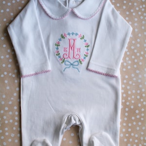 Personalized Baby Girl Monogram Onesie – Embroidered Wreath Footie with Bow